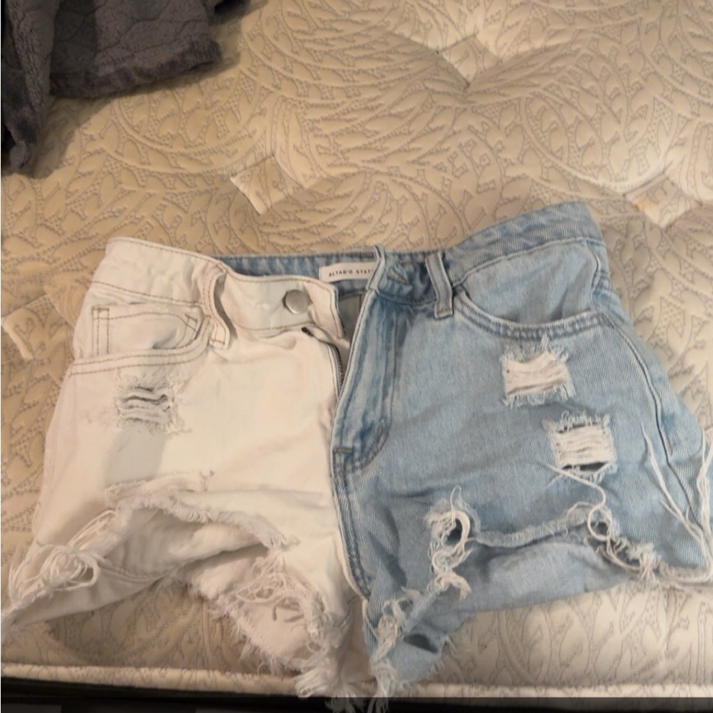 Altar'd State White and Light Blue Distressed Jean Shorts